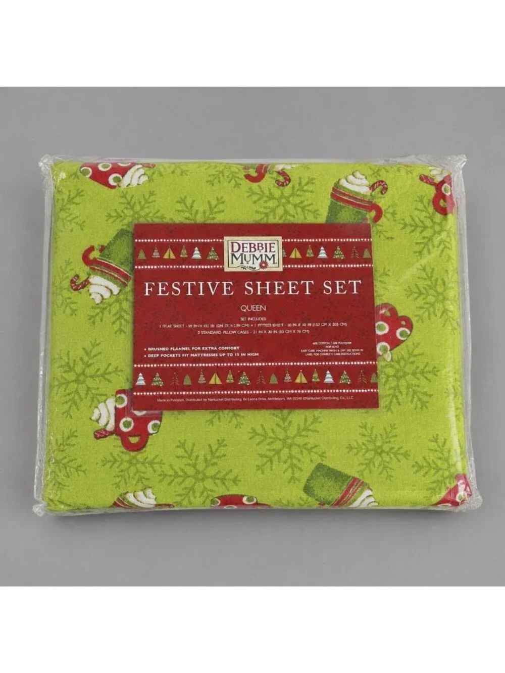 DEBBIE MUMM Queen Size Festive Flannel Sheet Set Christmas Holiday Hot Chocolate